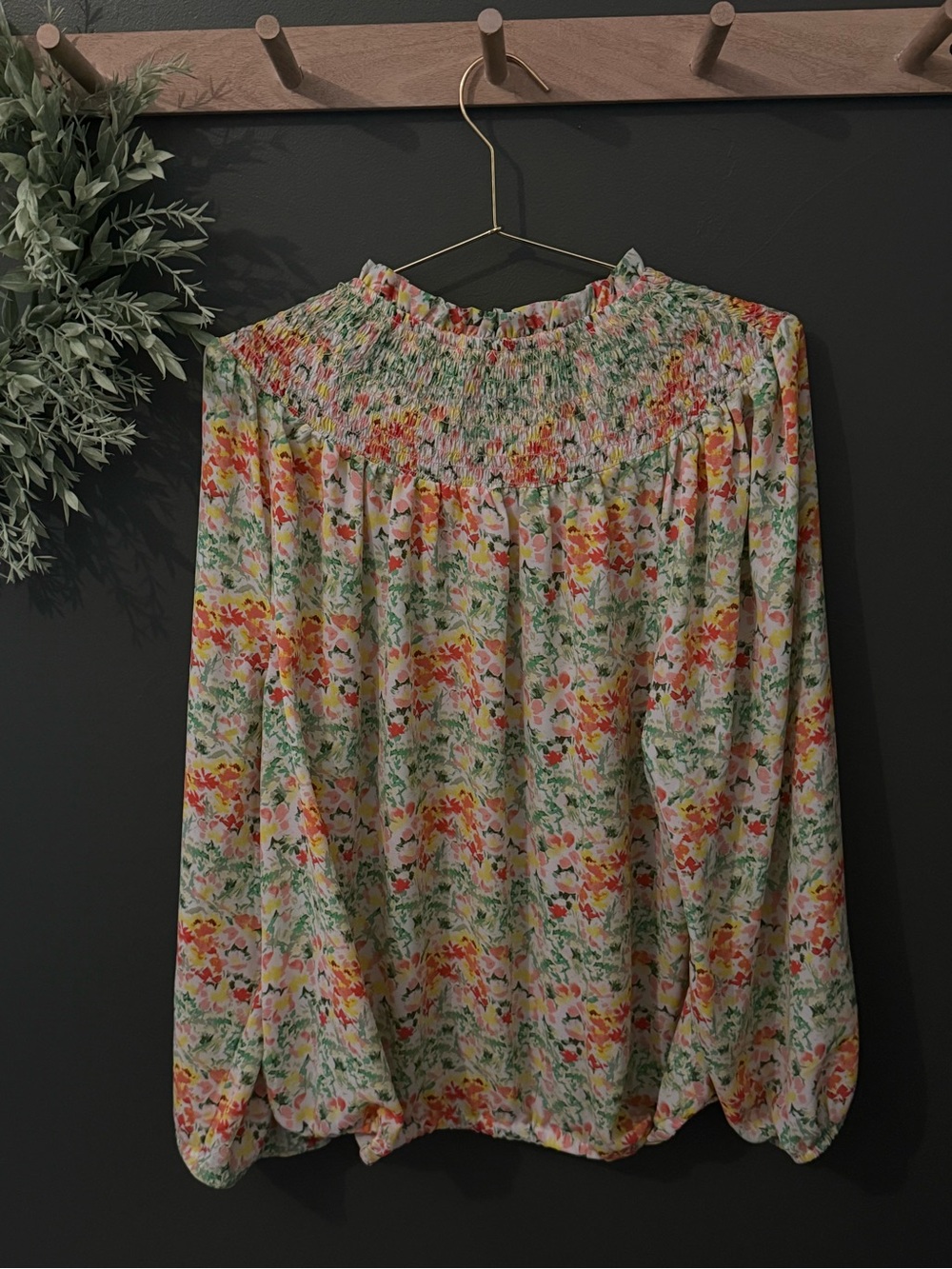 LOFT Multicolor Floral Smocked Top in Green, Pink & Yellow